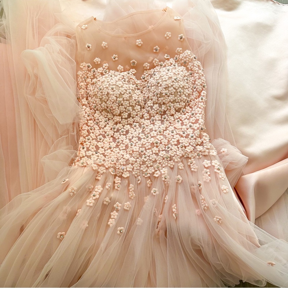 Coquette Fairycore Haute Couture Handmade Beaded Gown Lace Wedding Dress 0/XS